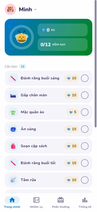 Màn hình của con: linh vật Bé Ong, vòng tiến độ và danh sách việc cần làm